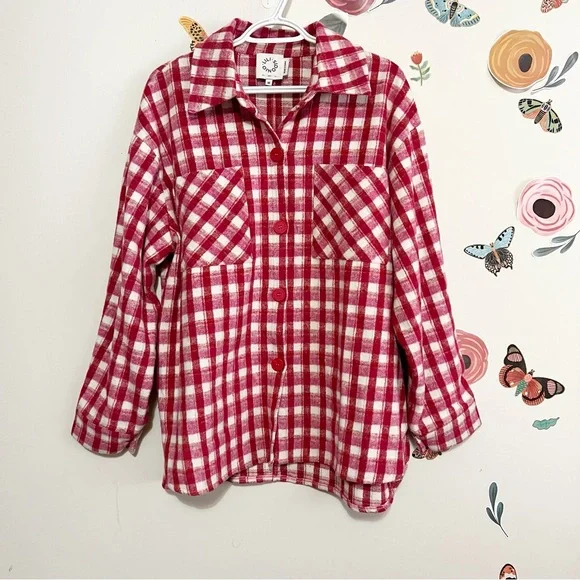Lili Sidonio Red Pink and White Plaid Shirt Jacket M - Picture 2 of 10